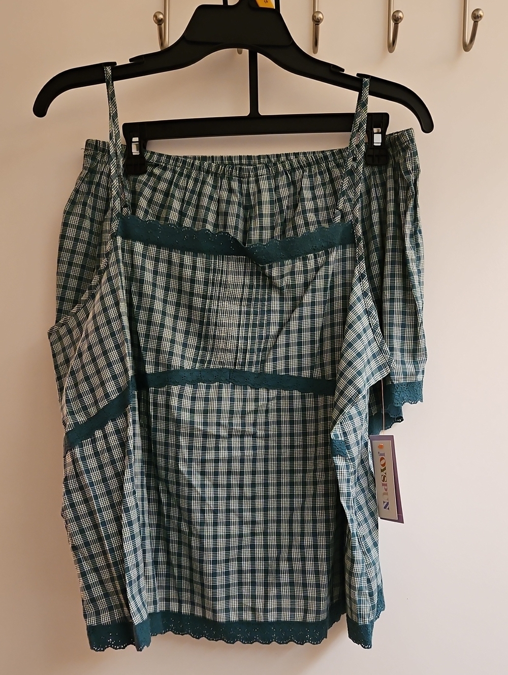 Joyspun Womens L 12-14 Astro Teal Green Plaid Lace Trim Cami Tap Short Set NWT